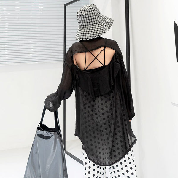 [EWAM] New Summer Autumn 2022 Fashion Perspective Lapel Single Breasted Patchwork Back Hole Long Sleeve Shirt Women Blouse QE30