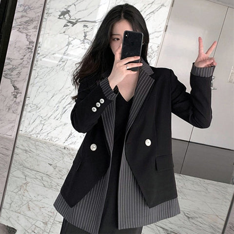 [EWQ] 2022 Autumn Long Sleeve Women Blaer Black Loose Trend Coat Feminino Trendy Women Clothing Fake Two-piece Stripe Design