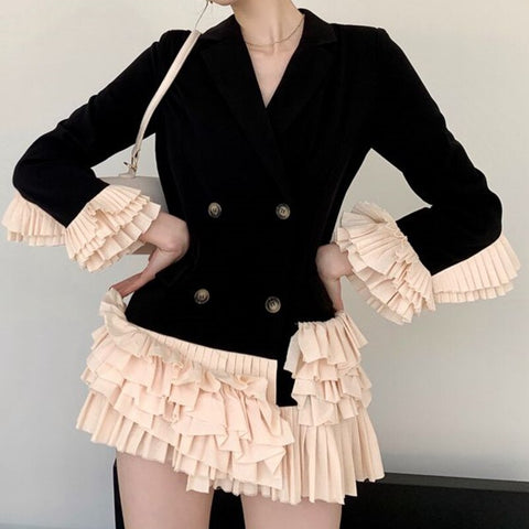 [EWQ] 2022 Spring Female Notched Collar Long-sleeved Blazer Coat Double Breasted Loose Sweet Patchwork Ruffles Suit Top 8Y048