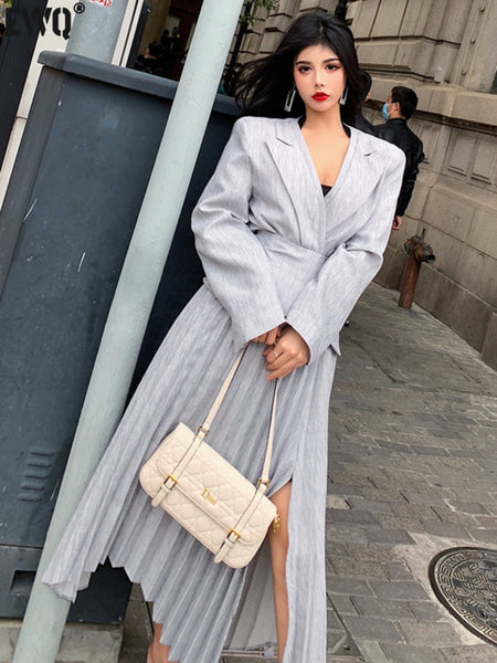 [EWQ] 2023 Autumn Female Office Lady 2 Piece Set Notched Collar Blazer Coat Single Breasted+Pleated Split Over Knee Skirt 8Y434