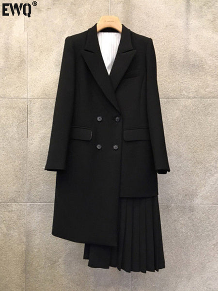 [EWQ] 2023 Korea Loose Black Suit Coat Women's Middle Long Temperament Stitching Pleated Blazer Female 16E4938