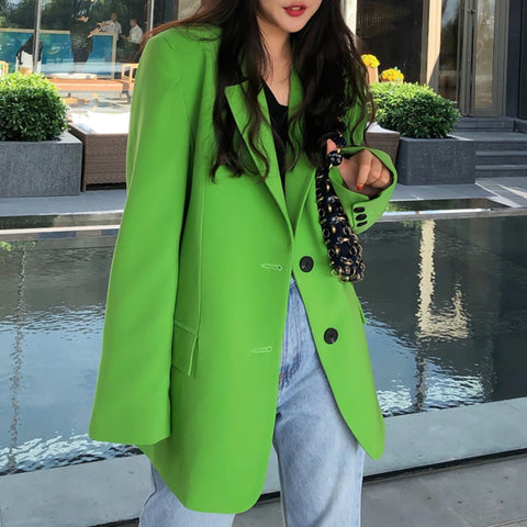 [EWQ] Autumn 2022 spring Notched Single-breasted Green Full Loose Suit Big Pocket Coat  office lady blazer