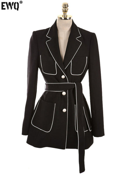 [EWQ] Autumn 2023 Lapel Blazer Pearl Button Belt Versatile Top Long Sleeve  Single Breasted Women Coat Tide KB8056