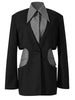 [EWQ] Blazer Black Coat Laminated Splicing Design Side Waist Hollow Cut Fake Two-piece Suit Jacket Female Brief 2023 Autumn New