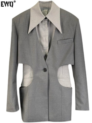 [EWQ] Blazer Black Coat Laminated Splicing Design Side Waist Hollow Cut Fake Two-piece Suit Jacket Female Brief 2023 Autumn New