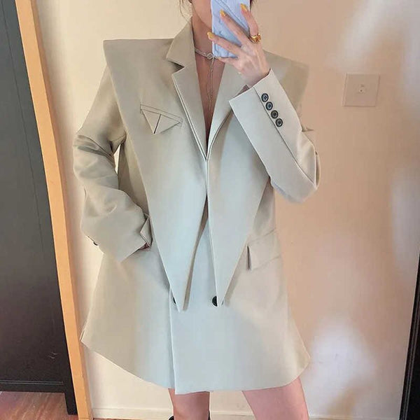 [EWQ] Blazer Women Autumn 2022 Long Sleeves Patchwork Irregular Suits Coat Female Office Ladies Clothing Korean Chic 5E1454