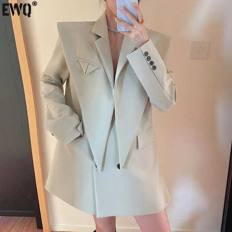 [EWQ] Blazer Women Autumn 2023 Long Sleeves Patchwork Irregular Suits Coat Female Office Ladies Clothing Korean Chic 5E1454