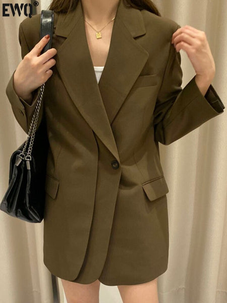 [EWQ] Cascading Design Blazer Slim Long Sleeve Suits Button Design Retro Lapel All Match Women Brown Coat 2023 Autumn Autumn 114
