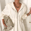 [EWQ] Casual Elastic Waist Long Sleeve Female Beige Dress 2023 Spring Autumn Chic Zippers Women Hooded Sweatshirt Midi Dress