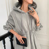 [EWQ] Casual Elastic Waist Long Sleeve Female Beige Dress 2023 Spring Autumn Chic Zippers Women Hooded Sweatshirt Midi Dress