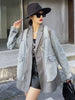 [EWQ] Casual Office Lady Denim Patchwork Suit Jacket Women's Casual Color Contrast Fake Two-piece Suit Trend 2023 Autumn