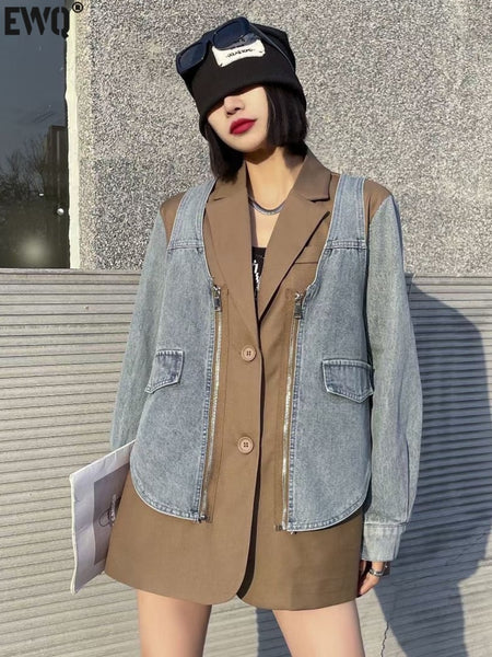 [EWQ] Casual Office Lady Denim Patchwork Suit Jacket Women's Casual Color Contrast Fake Two-piece Suit Trend 2023 Autumn