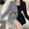 [EWQ] Chic Black White Contrast Plaid Spliced Blazers Women Spring 2022 Notched Single Breasted Suit Coat With Belt 16R1715