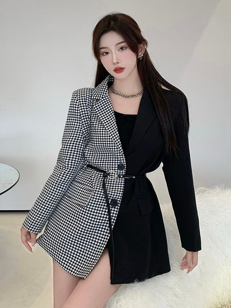 [EWQ] Chic Black White Contrast Plaid Spliced Blazers Women Spring 2022 Notched Single Breasted Suit Coat With Belt 16R1715
