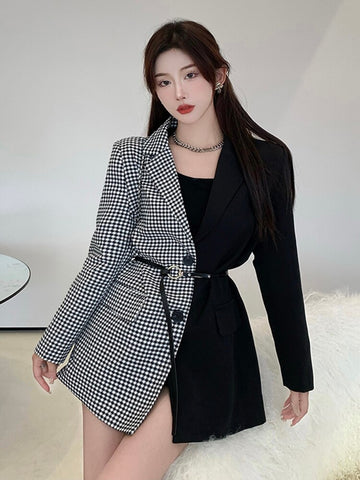 [EWQ] Chic Black White Contrast Plaid Spliced Blazers Women Spring 2022 Notched Single Breasted Suit Coat With Belt 16R1715
