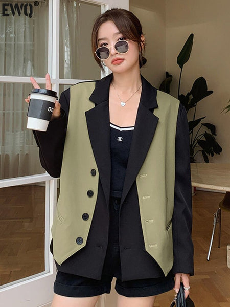 [EWQ]  England Style Fake Two-piece Vest Blazer Coat Women's Short Top 2023 Autumn Korean Design Jacket Suit Tide 16Y2671
