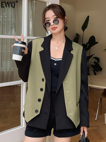 [EWQ]  England Style Fake Two-piece Vest Blazer Coat Women's Short Top 2023 Autumn Korean Design Jacket Suit Tide 16Y2671