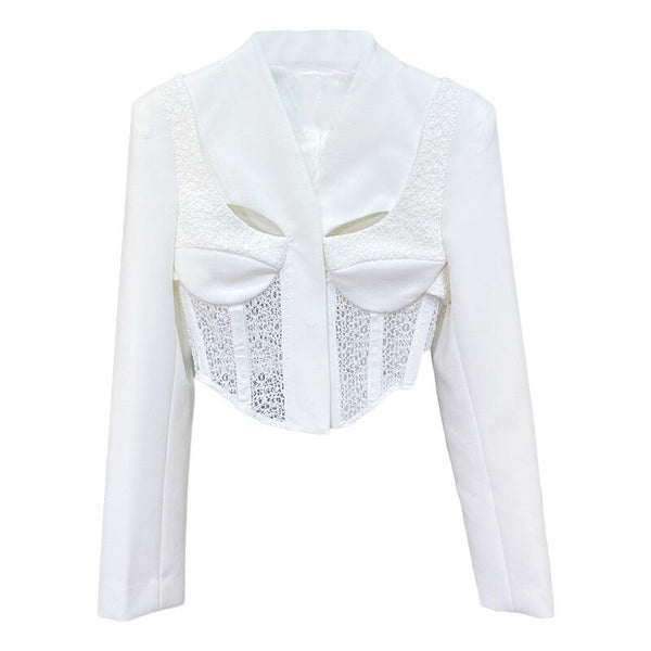 [EWQ] Chic Lace Spliced Hollow Out Expose Waist Short Blazers Women Autumn 2022 Slim V-neck Suit Jacket Tide 16R698
