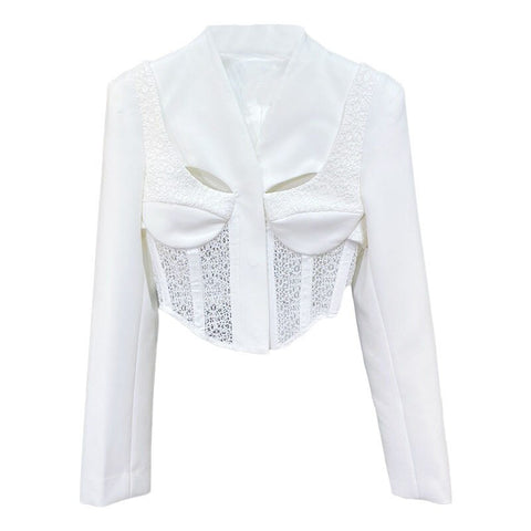 [EWQ] Chic Lace Spliced Hollow Out Expose Waist Short Blazers Women Autumn 2022 Slim V-neck Suit Jacket Tide 16R698