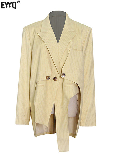 [EWQ] Female Cpats 2023 Autumn Elegant Solid Irregular Blazer Women Notched Long Sleeve Patchwork Straight Blazers