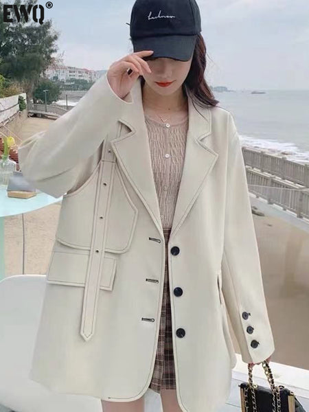 [EWQ] Female Notched Collar Long Sleeve Single Breasted Spliced Solid Suit Coat Tide 2023 Autumn Women Blazer 16T66