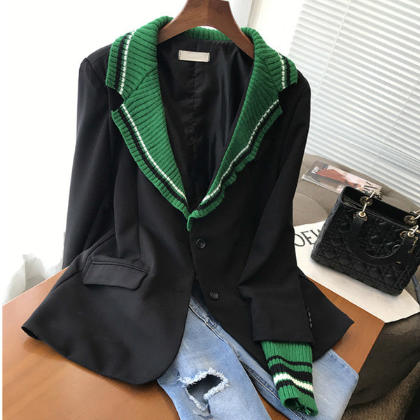 [EWQ] Female Patchwork Knit Notched Collar Long-sleeved Blazer Coat Single Breasted Loose Minimalist Suit Top 2023 Autumn 8Y135
