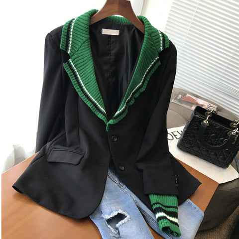 [EWQ] Female Patchwork Knit Notched Collar Long-sleeved Blazer Coat Single Breasted Loose Minimalist Suit Top 2023 Autumn 8Y135