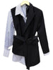 [EWQ]  Full Sleeve Irregular Women's Suit Jacket 2023 autumn Women Blazer Striped Patchwork Fake Two Belt Ladies Black Coat