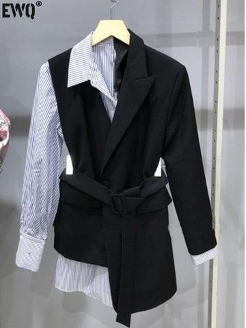 [EWQ]  Full Sleeve Irregular Women's Suit Jacket 2023 autumn Women Blazer Striped Patchwork Fake Two Belt Ladies Black Coat