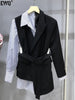 [EWQ]  Full Sleeve Irregular Women's Suit Jacket 2023 autumn Women Blazer Striped Patchwork Fake Two Belt Ladies Black Coat