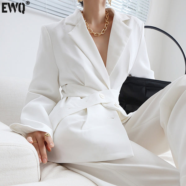 [EWQ]  Ladies Office Suits Trend Coat Feminino Women White Blazer Detachable Cummerbund Tunic 2023 Autumn