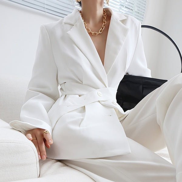 [EWQ]  Ladies Office Suits Trend Coat Feminino Women White Blazer Detachable Cummerbund Tunic 2022 Spring