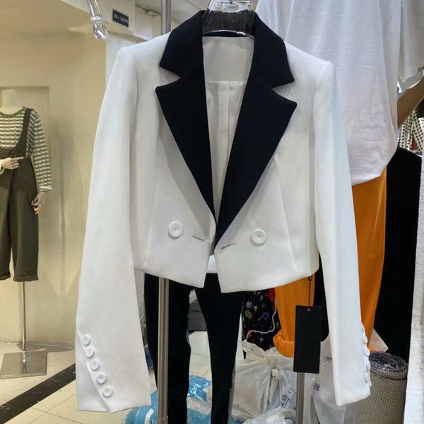 [EWQ] Korea Casual Trend Women Lapel Double-breasted Contrast Color Long-sleeved High-waisted Blazer Autumn 2022 16E1696