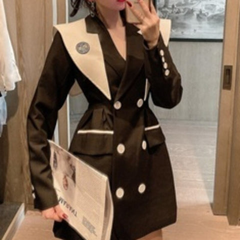 [EWQ] Korea Casual Trendy Women Navy Collar Double-breasted Stitching Contrast Color Loose Blazer Autumn 2022 16E1699