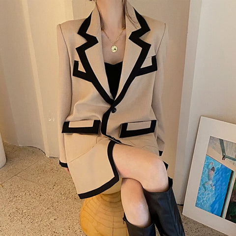 [EWQ] Korea Chic 2022 Women Autumn Winter Splicing Color Contrast Single Breasted Long Sleeve Blazer Suit Coat Female 6E4995