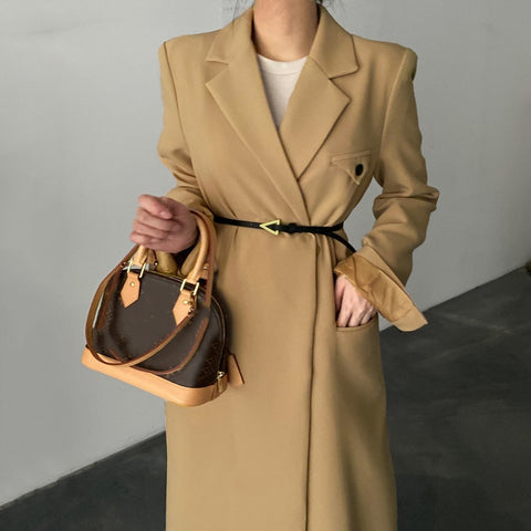 [EWQ] Korea Chic Autumn Winter Casual Khaki Jacket Lapel Bandage Solid Color Long Blaze Coat With Belt Female 2022 16R95