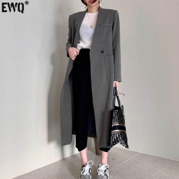 [EWQ] Korea Chic Casual Trend Women V-neck Single-breasted Minimalist Long-sleeved Blazer Top 2023 Autumn 16E2449