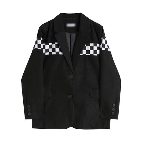 [EWQ] Korea Chic Colorblock Plaid Blazers Women Spring 2022 Notched Loose Suit Office Coat Female Contrasting Color Clothing