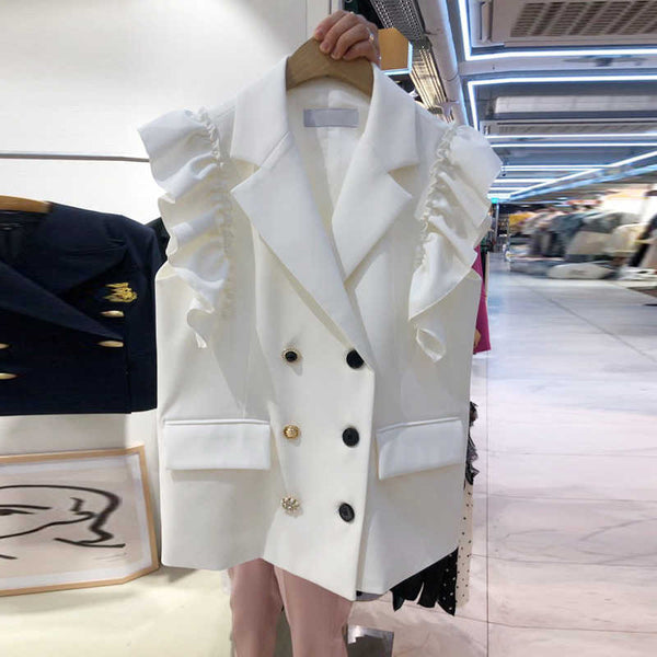 [EWQ] Korea Chic Fashionable Simple Lapel Double-breasted Loose White Flying Sleeve Vest Blazer Women  Summer 2022 16E782