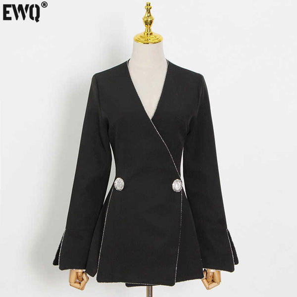 [EWQ] Korea Chic Simple Trendy Women V-neck Two-button Temperament Long-sleeved Split Fork Blazer Autumn 2023 16E1242