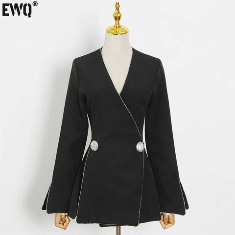 [EWQ] Korea Chic Simple Trendy Women V-neck Two-button Temperament Long-sleeved Split Fork Blazer Autumn 2023 16E1242