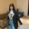 [EWQ] Korea Chic Suit 2022 Women Autumn Loose Design Fake Two Piece Splicing PU Leather Blazer Jacket Female 16R287