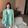 [EWQ] Korea Chic Suit 2022 Women Autumn Loose Design Fake Two Piece Splicing PU Leather Blazer Jacket Female 16R287