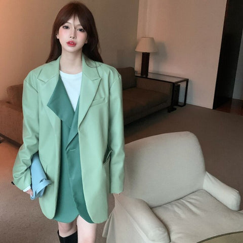 [EWQ] Korea Chic Suit 2022 Women Autumn Loose Design Fake Two Piece Splicing PU Leather Blazer Jacket Female 16R287