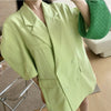 [EWQ] Korea Chic Summer Casual Blazer Lapel Double-breasted Lace-up Puff Sleeve Green Loose Suit Jacket Women 2022 6E358