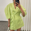 [EWQ] Korea Chic Summer Casual Blazer Lapel Double-breasted Lace-up Puff Sleeve Green Loose Suit Jacket Women 2022 6E358