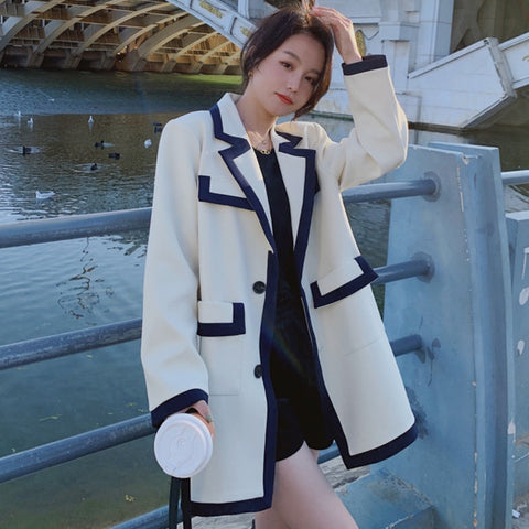 [EWQ] Korea Chic Temperament Blazer Women Autumn 2022 Spring Notched Loose Single Breasted Long Sleeve Suit Jacket 16E3076