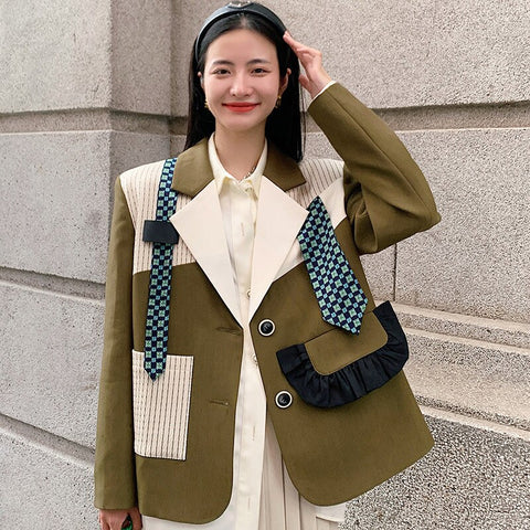 [EWQ] Korea Chic Temperament Color Matching Blazer Women's Autumn 2022 Notched Loose Single Breasted Long Sleeve Suit Coat