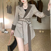 [EWQ] Korea Chic Temperament Gray Blazer Women's Autumn 2022 Notched Loose Lace Up Waist Long Sleeve Suit Jacket Coat Female