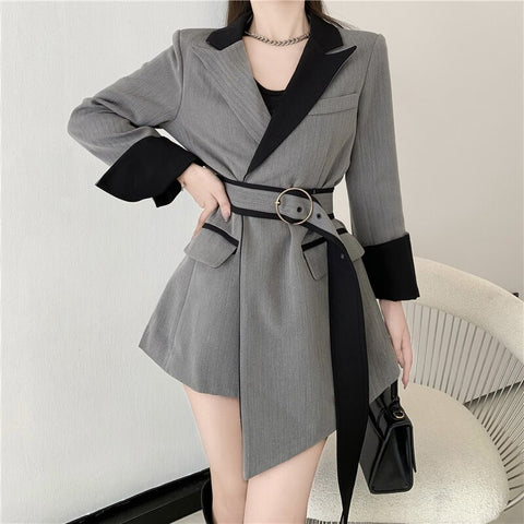 [EWQ] Korea Chic Temperament Gray Blazer Women's Autumn 2022 Notched Loose Lace Up Waist Long Sleeve Suit Jacket Coat Female